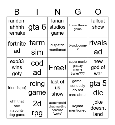 game awards Bingo Card