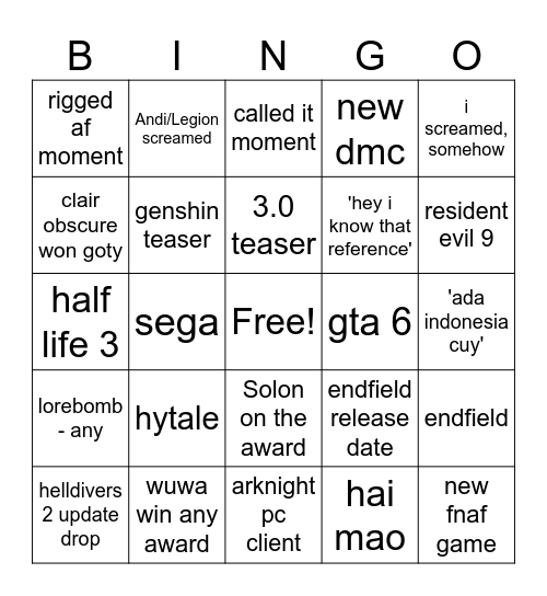 TGA BINGO Card