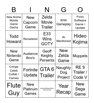Game Awards 2025 Bingo Card