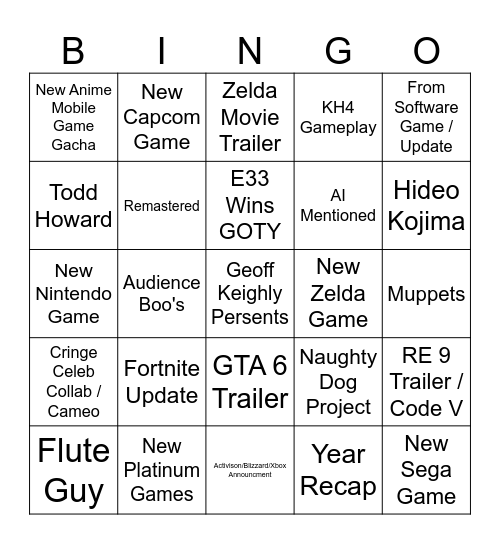 Game Awards 2025 Bingo Card