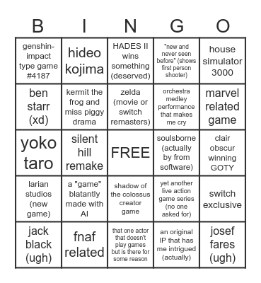 game awards '25 Bingo Card