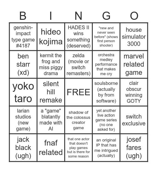 game awards '25 Bingo Card