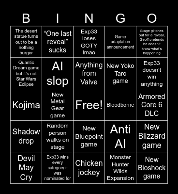 The Game Awards 2025 Bingo Card