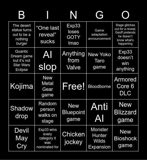 The Game Awards 2025 Bingo Card