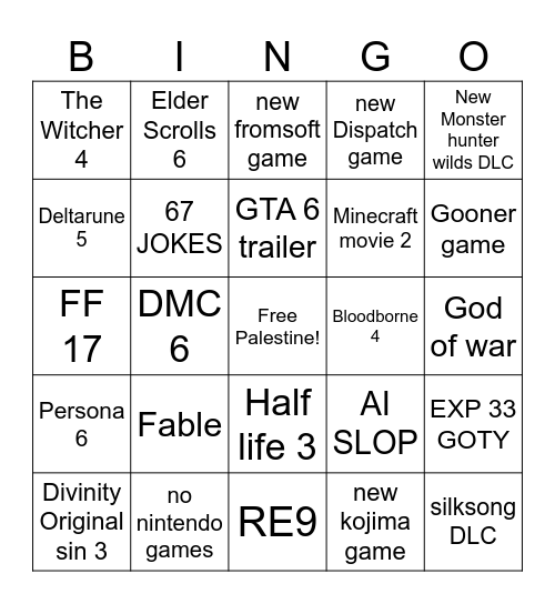 Game Awards 2025 Bingo Card