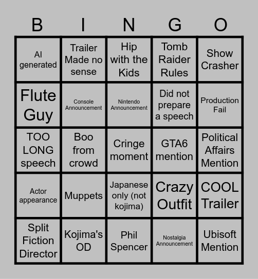 The Game Awards Bingo Card