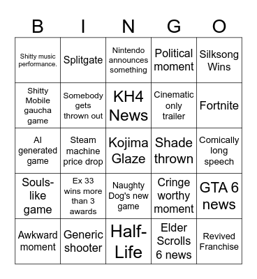 Game Awards 2025 Bingo Card