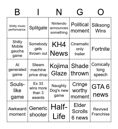 Game Awards 2025 Bingo Card