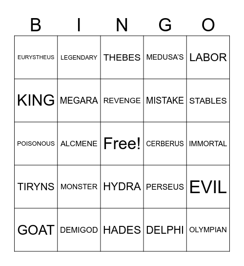 Hercules Myth Bingo Card