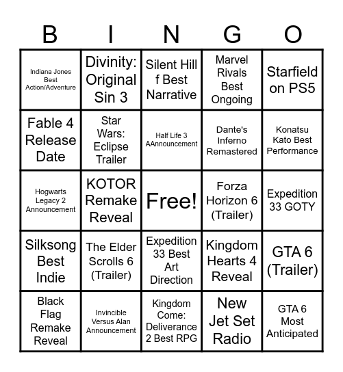 TGA 2025 Predictions Bingo Card