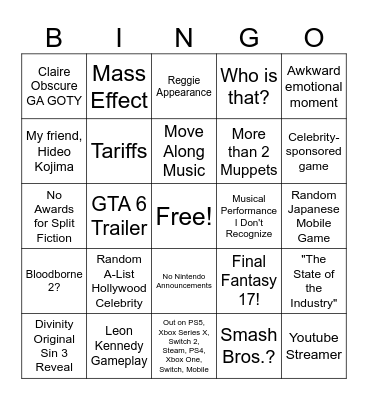 The Game Awards 2025 Bingo Card