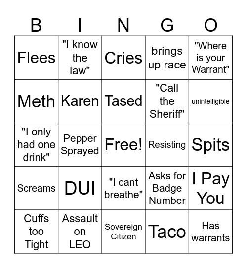 Bodycam Bingo Card