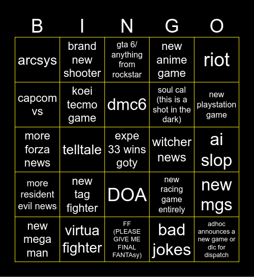 game awards Bingo Card