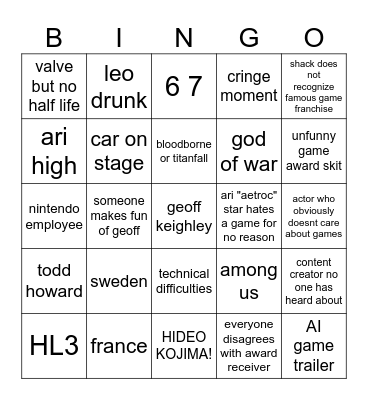 game award Bingo Card