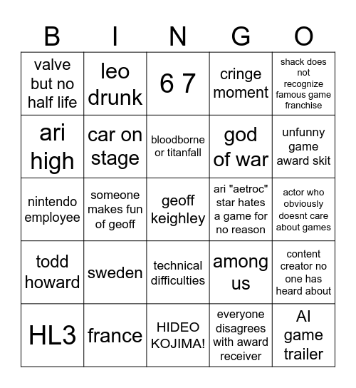 game award Bingo Card