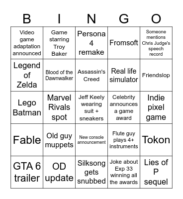 Game Awards 2025 Bingo Card
