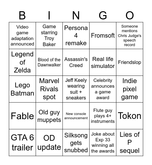 Game Awards 2025 Bingo Card