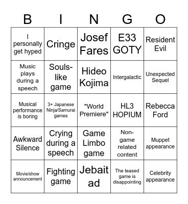 Game Awards 2025 Bingo Card