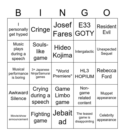 Game Awards 2025 Bingo Card