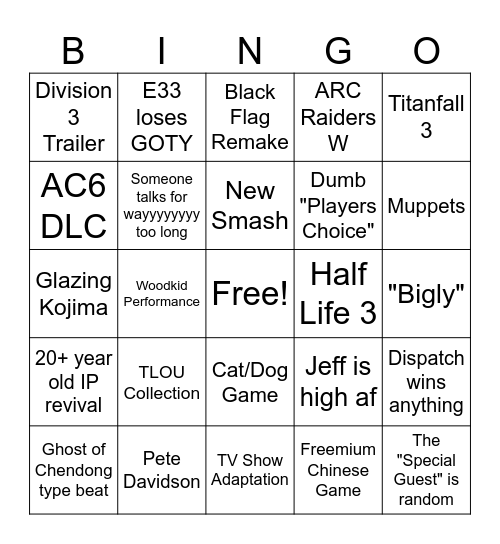 2025 Game Awards Bingo Card