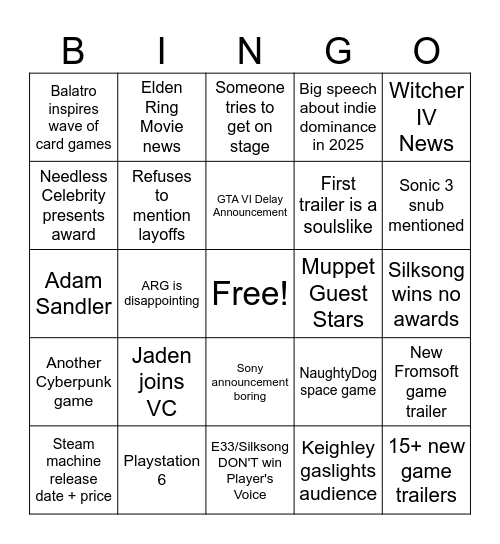 TGA Bingo Night Bingo Card