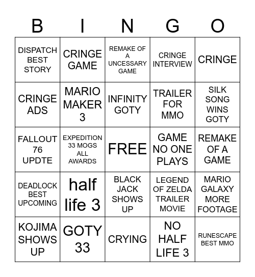 GOTY Bingo Card