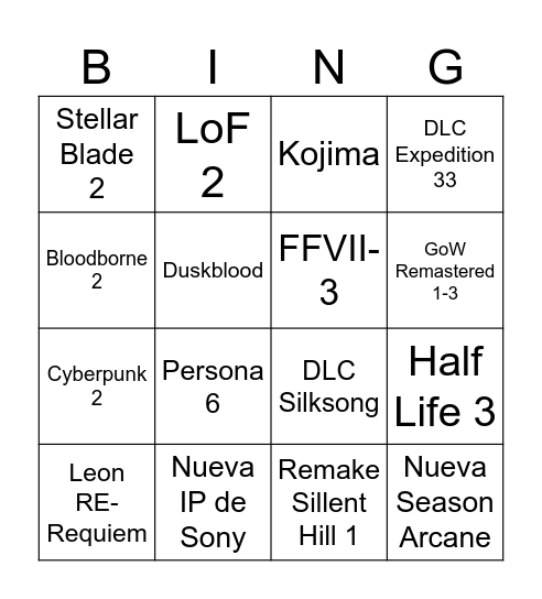 Game Awards Bingo Card