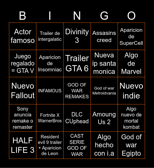 The Games Awards Bingo Card