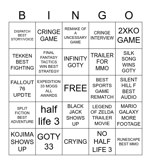 GOTY Bingo Card
