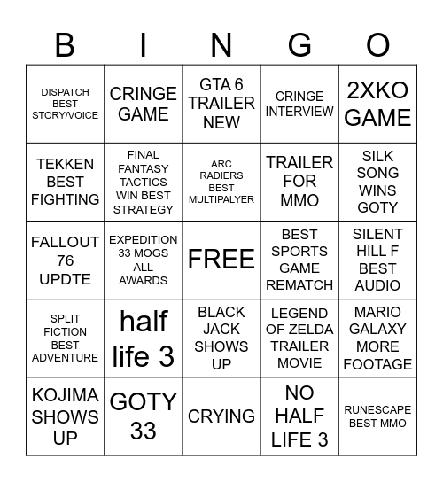 GOTY Bingo Card