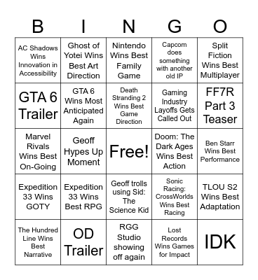 The Game Awards 2025 Bingo Card