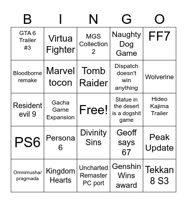 Game Awards Bingo Card