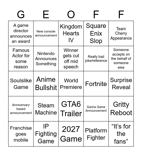 Game Awards Bingo Card