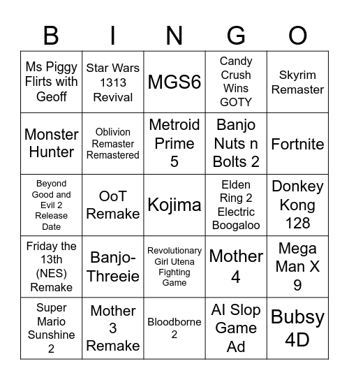 The Game Awards Bingo Card
