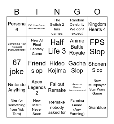 Game Awards Bingo Card