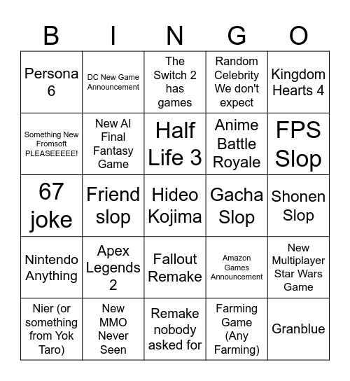 Game Awards Bingo Card