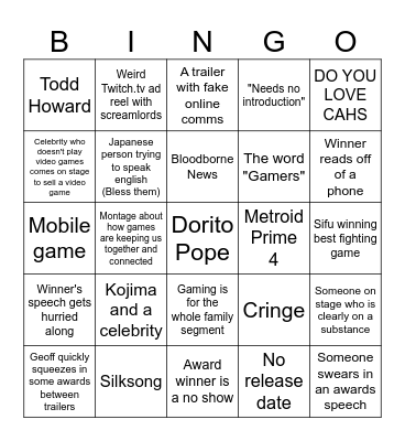 TGA Awards Bingo Card