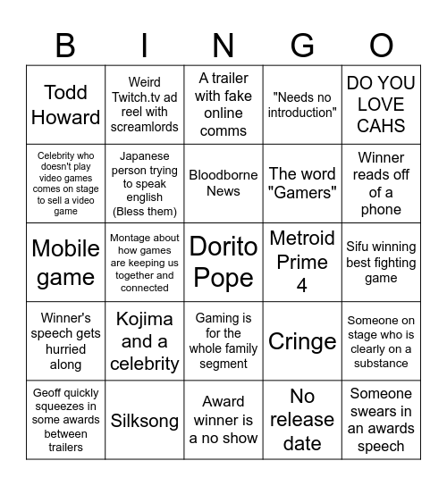 TGA Awards Bingo Card