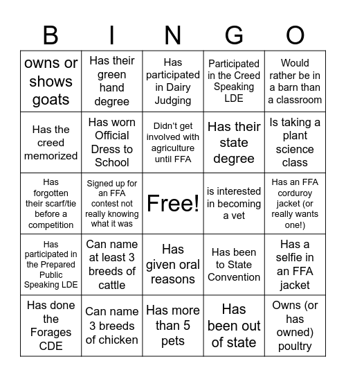 Ag Kid Bingo Card