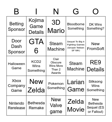 Game Awards Bingo Card