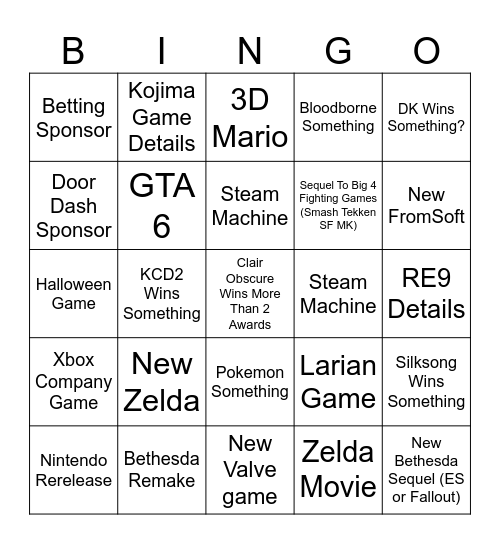 Game Awards Bingo Card