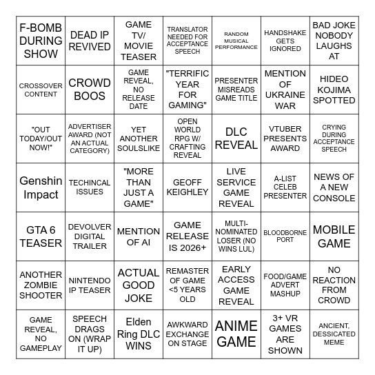 The Game Award Bingo Card