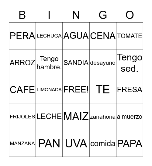 LA COMIDA Bingo Card