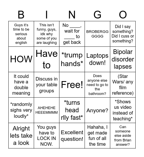 Ham burger Bingo Card