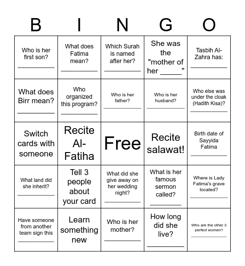 Milad Fatima Zahra (sa) Bingo Card