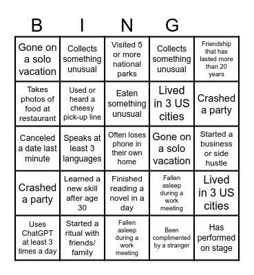 LIFE EXPERIENCES BINGO Card