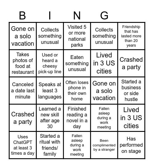 LIFE EXPERIENCES BINGO Card