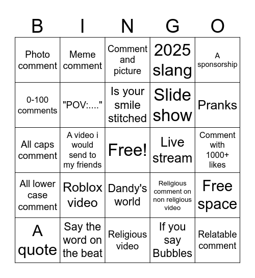 Tiktok bingo Card