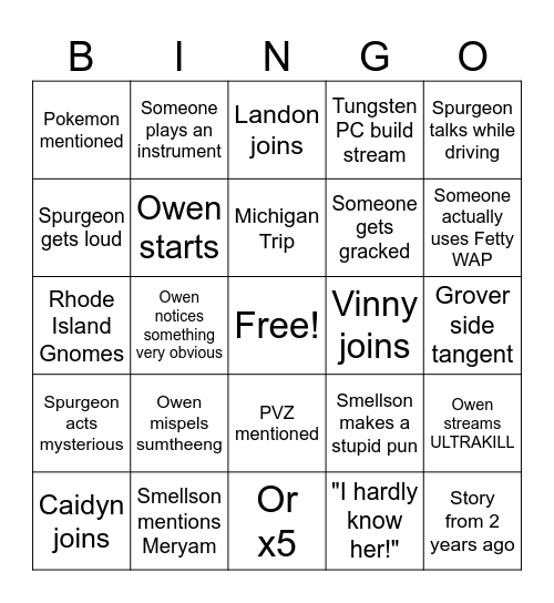 Vih Bih Gih Cih Bingo Card