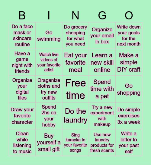 Weekly self-care Bingo Card